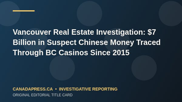 Vancouver Real Estate Investigation: $7 Billion in Suspect Chinese Money Traced Through BC Casinos Since 2015 - CanadaPress original editorial title card